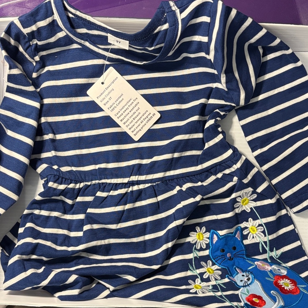 Funnymore Girls Long Sleeve Striped Blue/White Dress with Cat Embroidery 3T NEW